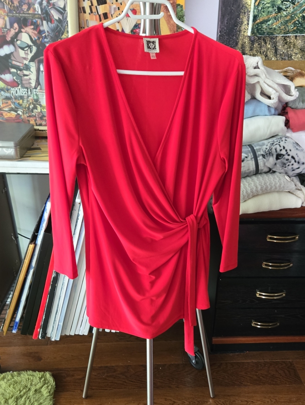 Anne Klein Red Wrap Tunic Top with Side Knot